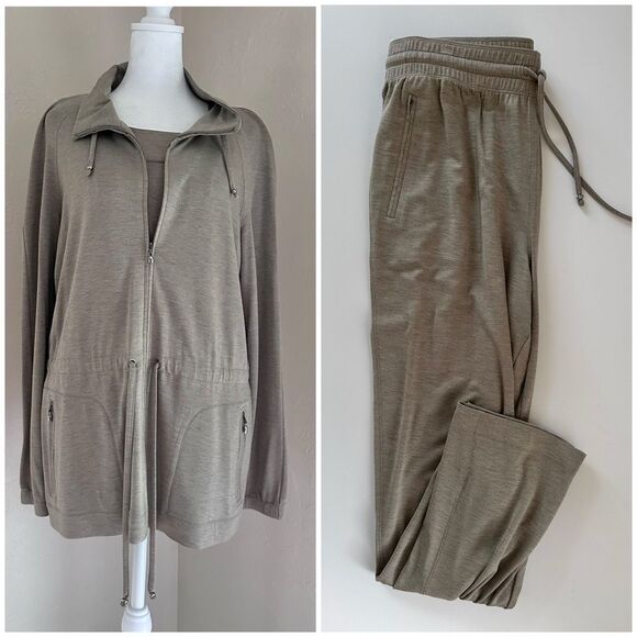 St. John Sport Lounge Jacket Pant Tank Set Taupe Melange Tan/Gray Size M - Picture 1 of 16